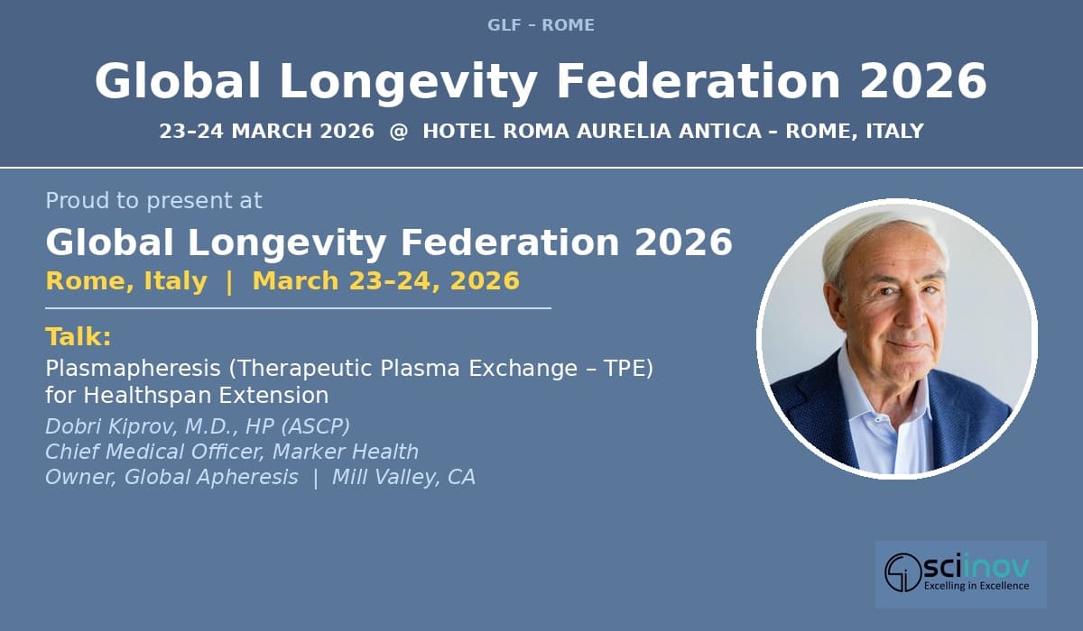Dr. Dobri Kiprov presenting on therapeutic plasma exchange at the Global Longevity Federation 2026 in Rome, Italy