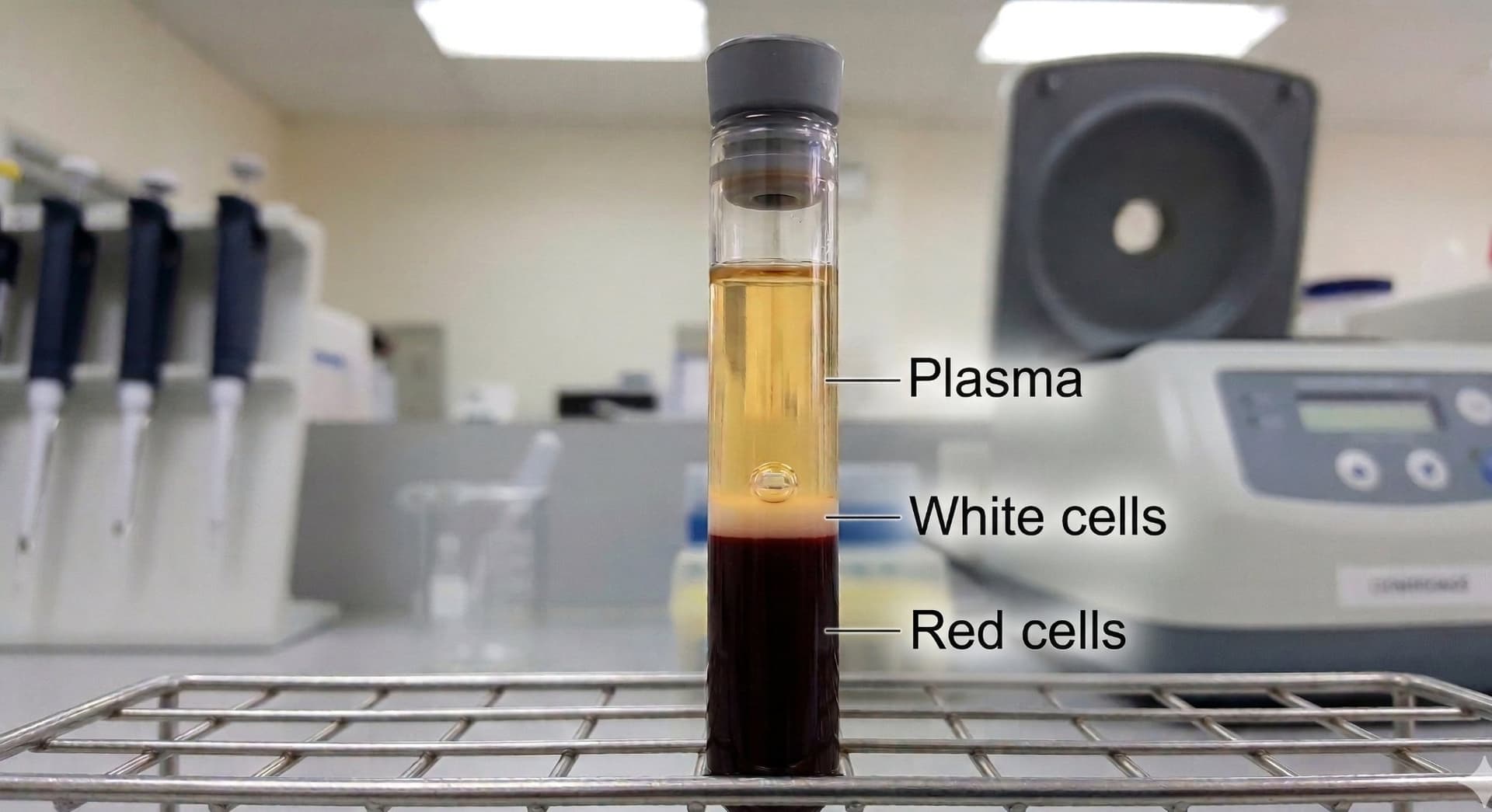 A centrifuged blood sample showing three separated layers: plasma on top, white blood cells in the middle, and red blood cells on the bottom