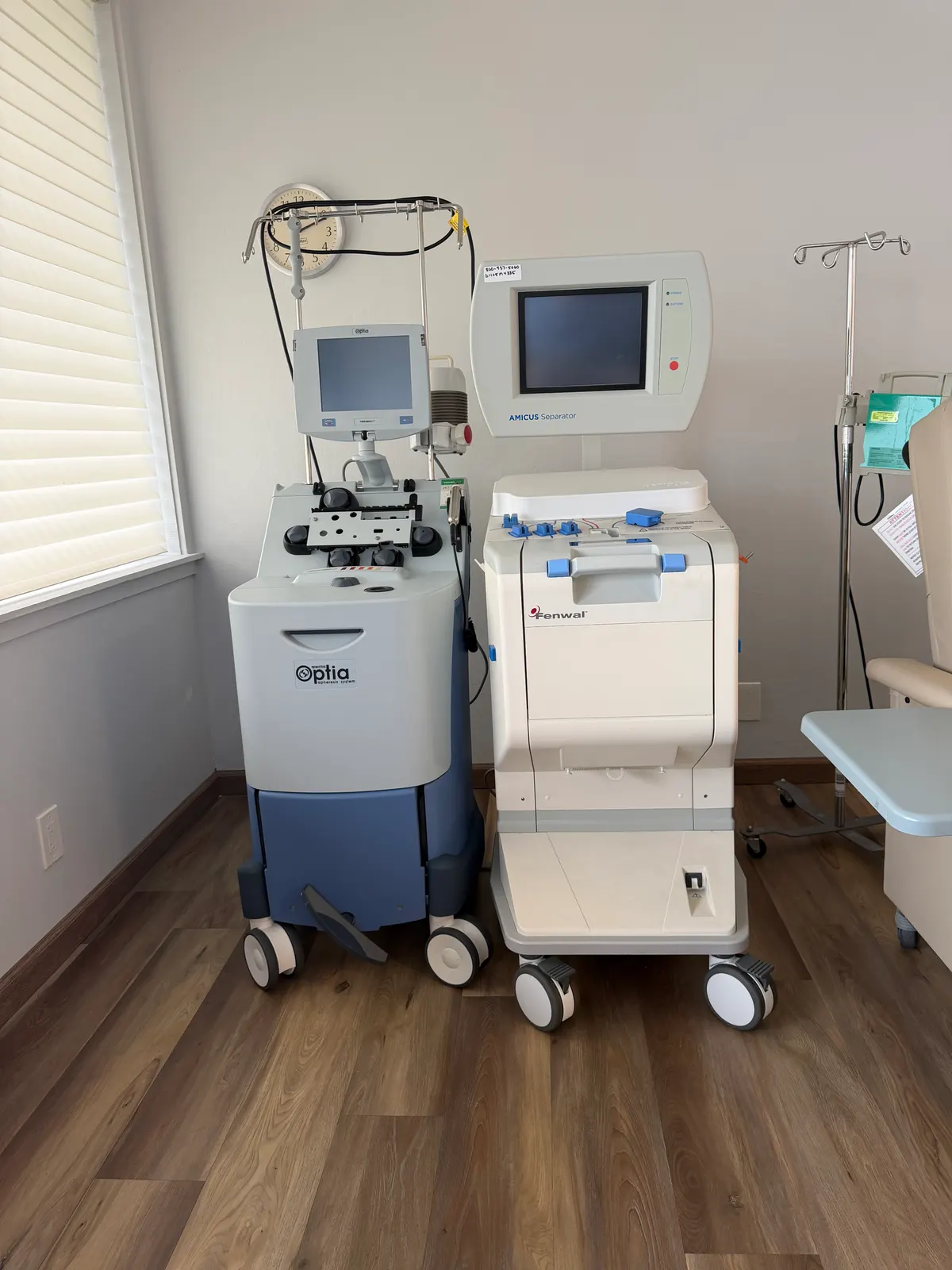 Terumo Optia and Fenwal Amicus apheresis machines used for therapeutic plasma exchange at Global Apheresis in Mill Valley, California