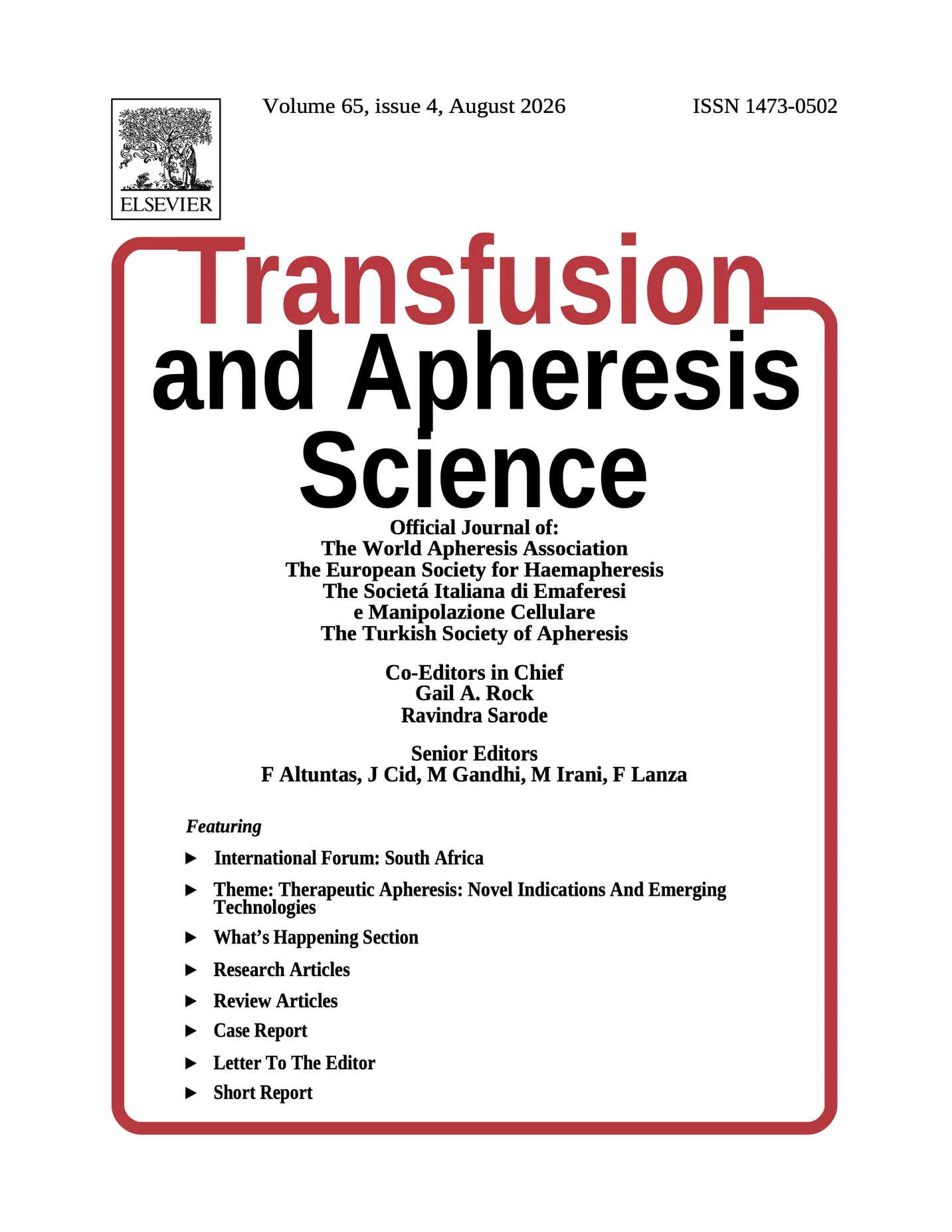 Cover of Transfusion and Apheresis Science, Volume 65, Issue 4, August 2026
